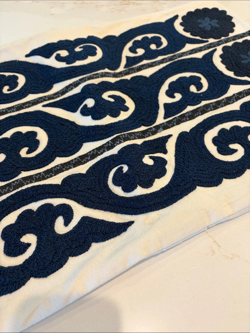 Pottery Barn Navy Blue and White Embroidered Pillow Cover 16 X 26